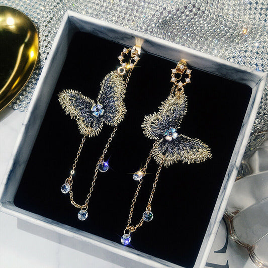 Women's Trendy Butterfly Crystal Pearl Elegant Moving Tassel Fashion Rings