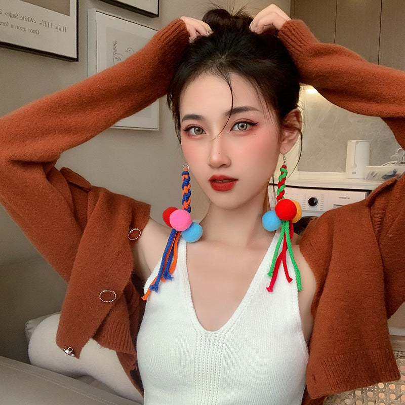 Hairy Ball Funny Quirky Long Asymmetric Earrings