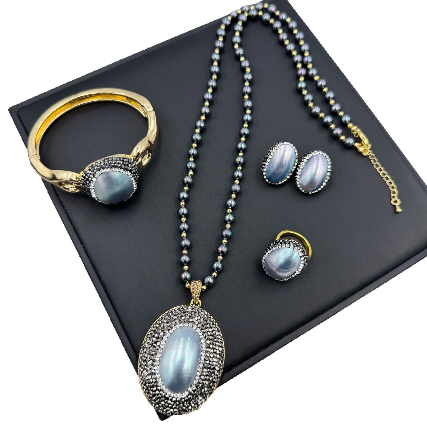Deep Sea Pearl Gray Shell Czech Diamond Handmade French Jewelry Set