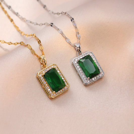 Women's Light Luxury Full Diamond Square Emerald Necklaces