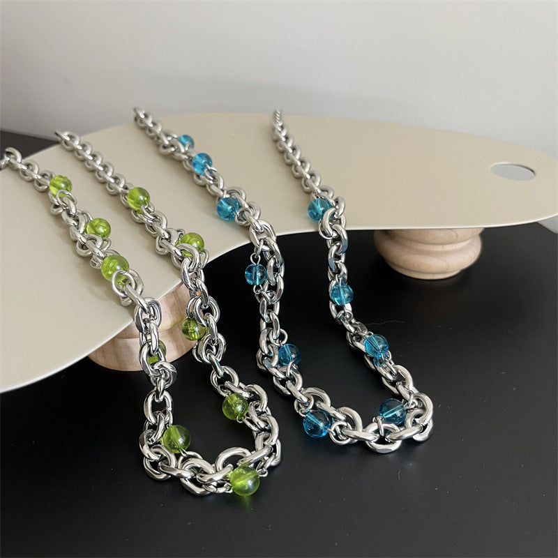 Steel Blue Green Beads Hip Hop Punk Temperamental Minority Necklaces