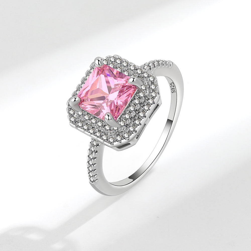 Women's Live Sier-plated Pink Color Simulation Diamond Rings