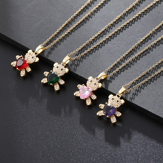 Copper Micro Inlaid Zircon Ornament Cute Heart Bear Pendant Necklaces