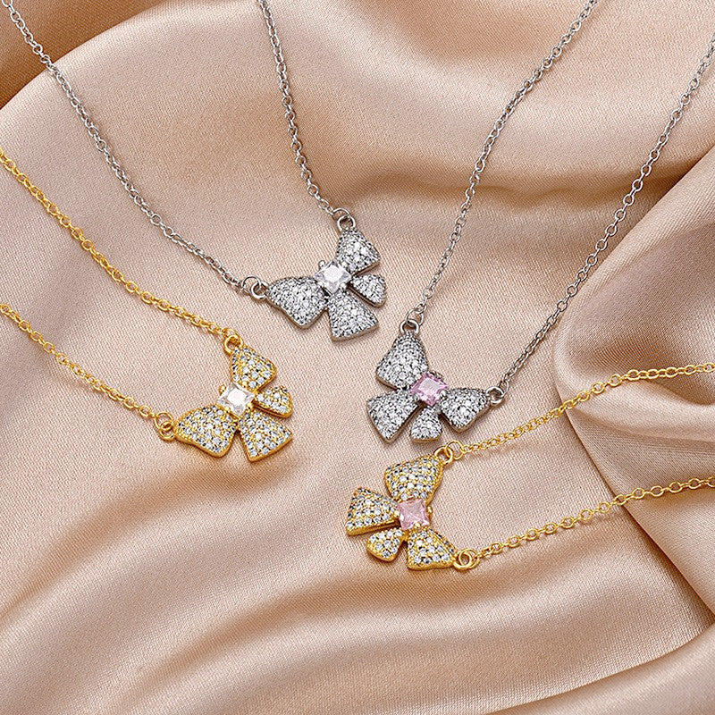 Pink Zircon Pendant Full Diamond Bow Fashion Necklaces