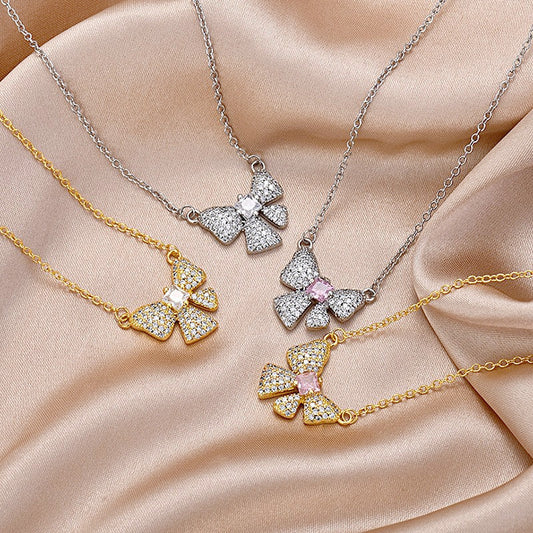 Pink Zircon Pendant Full Diamond Bow Fashion Necklaces