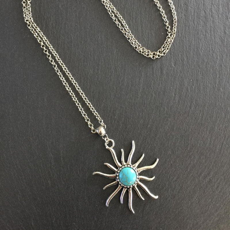 Boho Soleil Pendentif Tournesol Craquelé Turquoise Colliers
