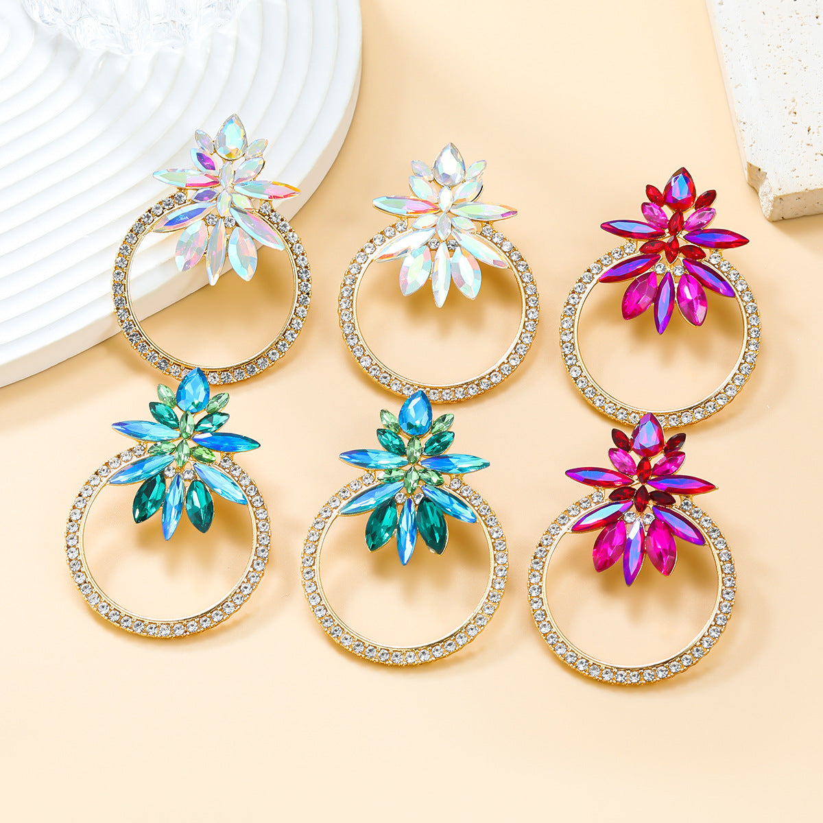 Women's Stylish Colored Diamond Floral Ear Round Flower Earrings