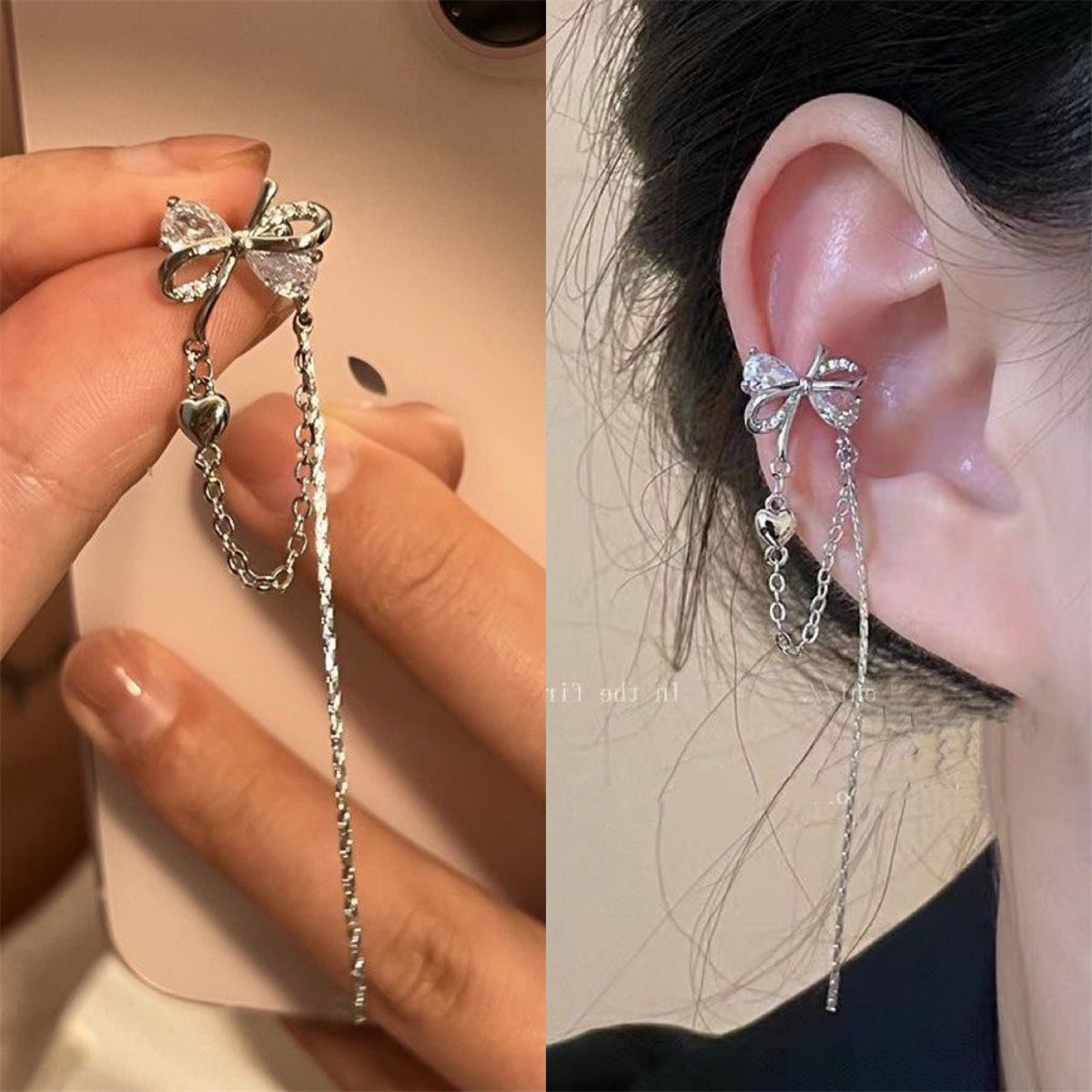 Zircon Bow Female Light Luxury Minority Design Sense Tassel Ear Clip