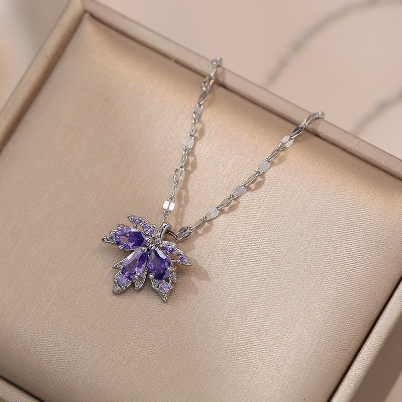 Colliers simples en acier et Zircon pour femmes, feuille d'érable, à la mode