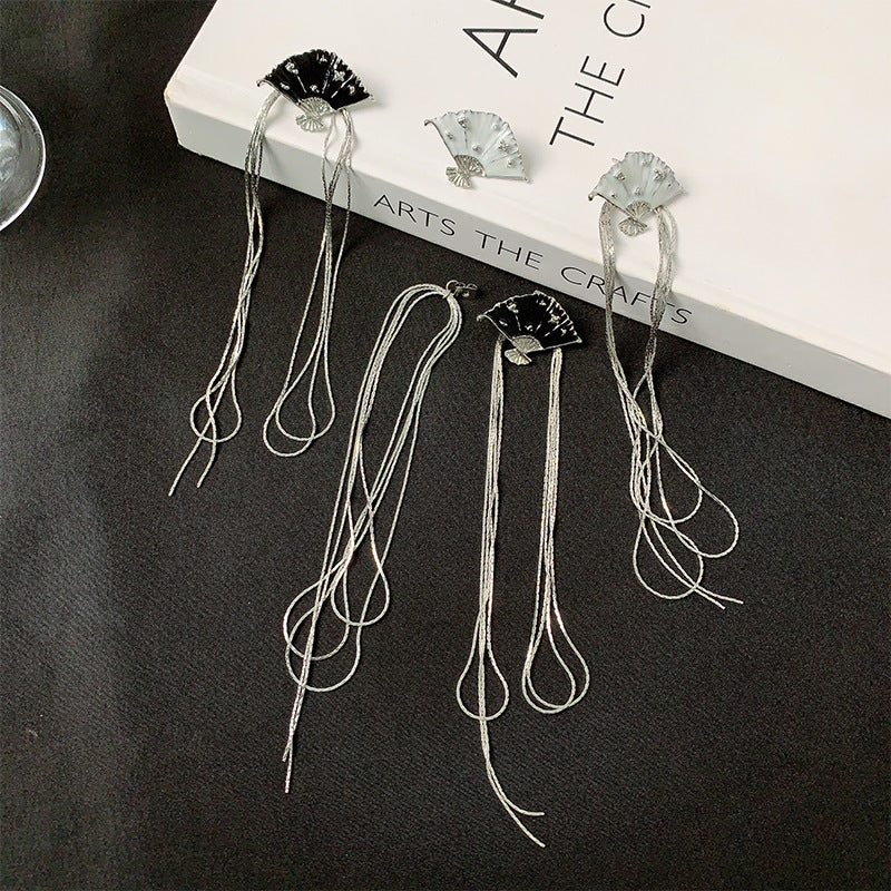 Design Enamel Fan Tassel Chinese Style Earrings