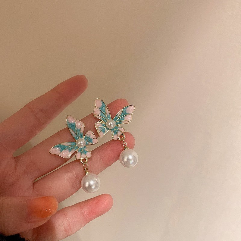 Women's Summer Super Match Mori Style Colorful Crystals Butterfly Long For Stud Earrings