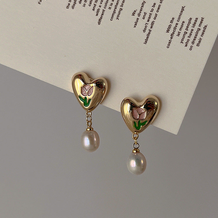 Oil Dripping Tulip Metal Heart Pearl Rings