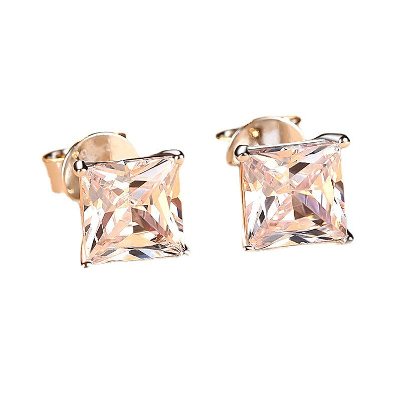Women's Sterling Sier Princess Square Diamond Simple Earrings
