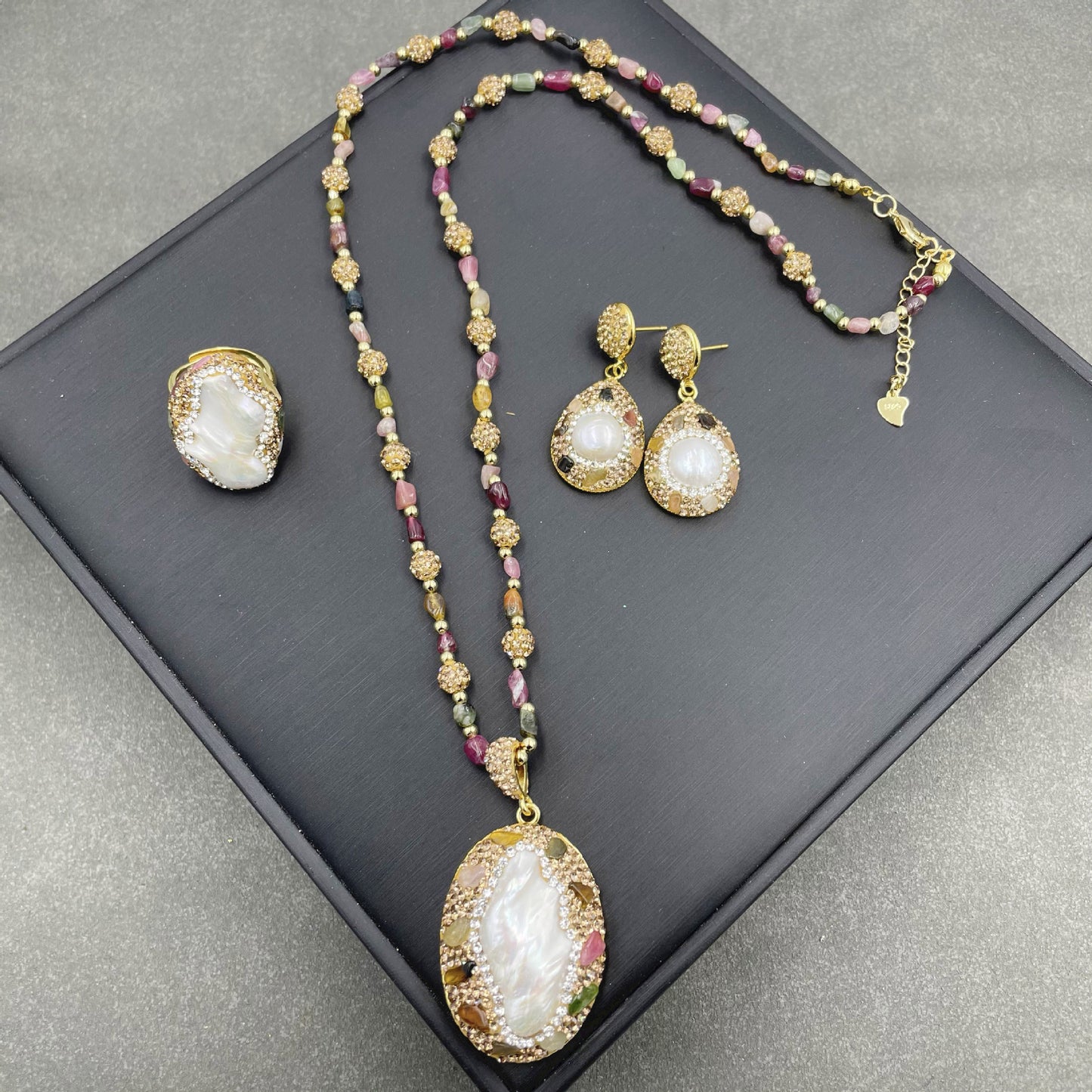 Pearl Tourmaline Suit Natural Freshwater Shaped Sweater Chain Jewelry Set