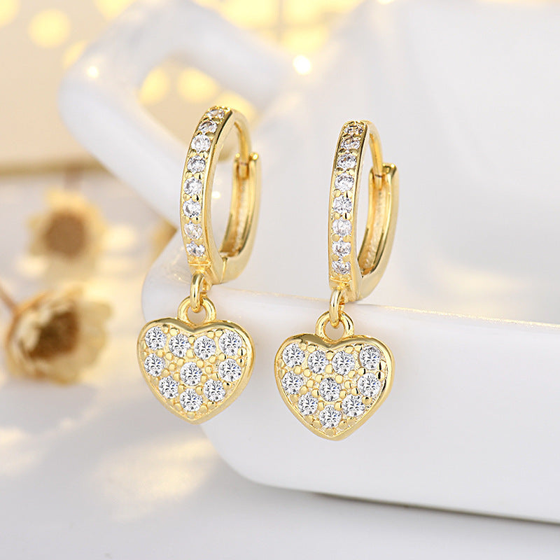 Sier Heart-shaped Ear Clip Female Fresh Refined Rhinestone Earrings