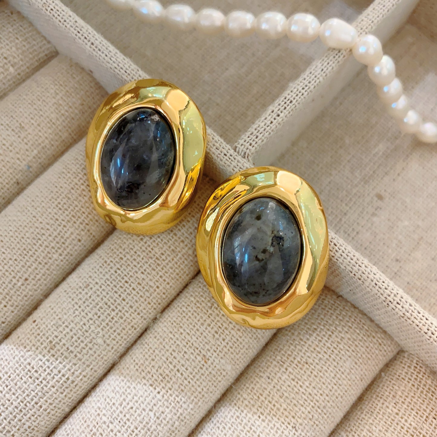 Boucles d'oreilles rétro en verre ovale doré pour femmes, Noble Sister
