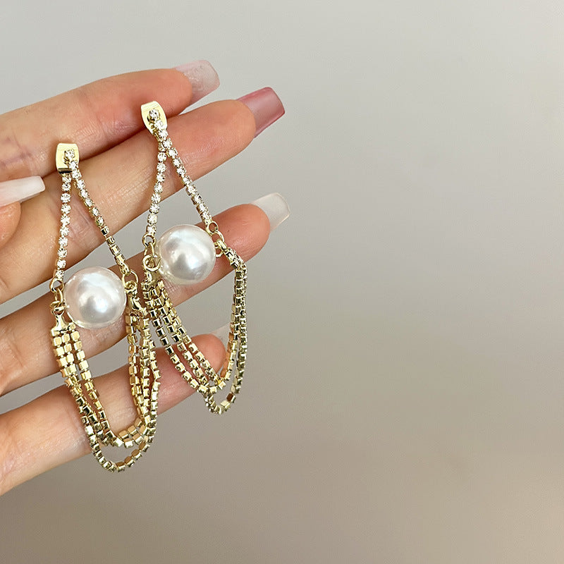 Pearl Tassel Chain Exaggerated High-grade Elegant Earrings