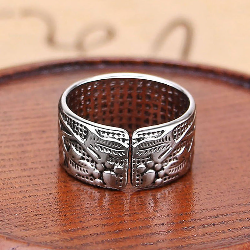 Women's & Men's Thai Sier Distressed Ornament Lotus Open Heart Sutra Rings