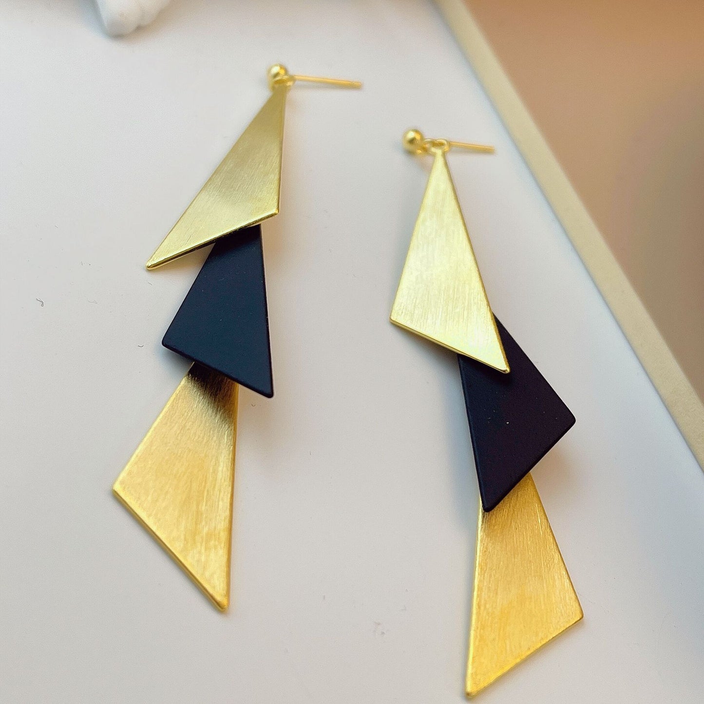 Women's Style Gold Brushed Black Triangle Elegant Earrings