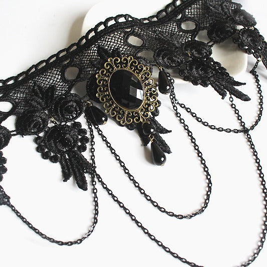 Wide Exaggerated Tassel Party Queen Gem Black Necklace