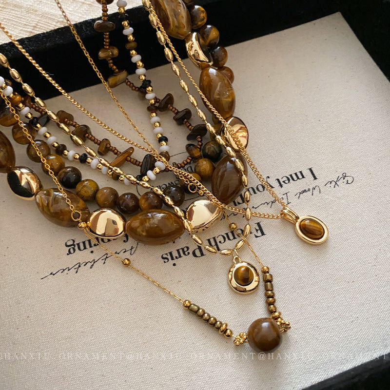 Colliers de pull en perles rétro chinois pour femmes, série Tigereye papillon