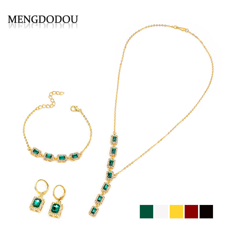 Full Rhinestone Square Emerald Colored Gems Suit Yellow Pink Necklaces