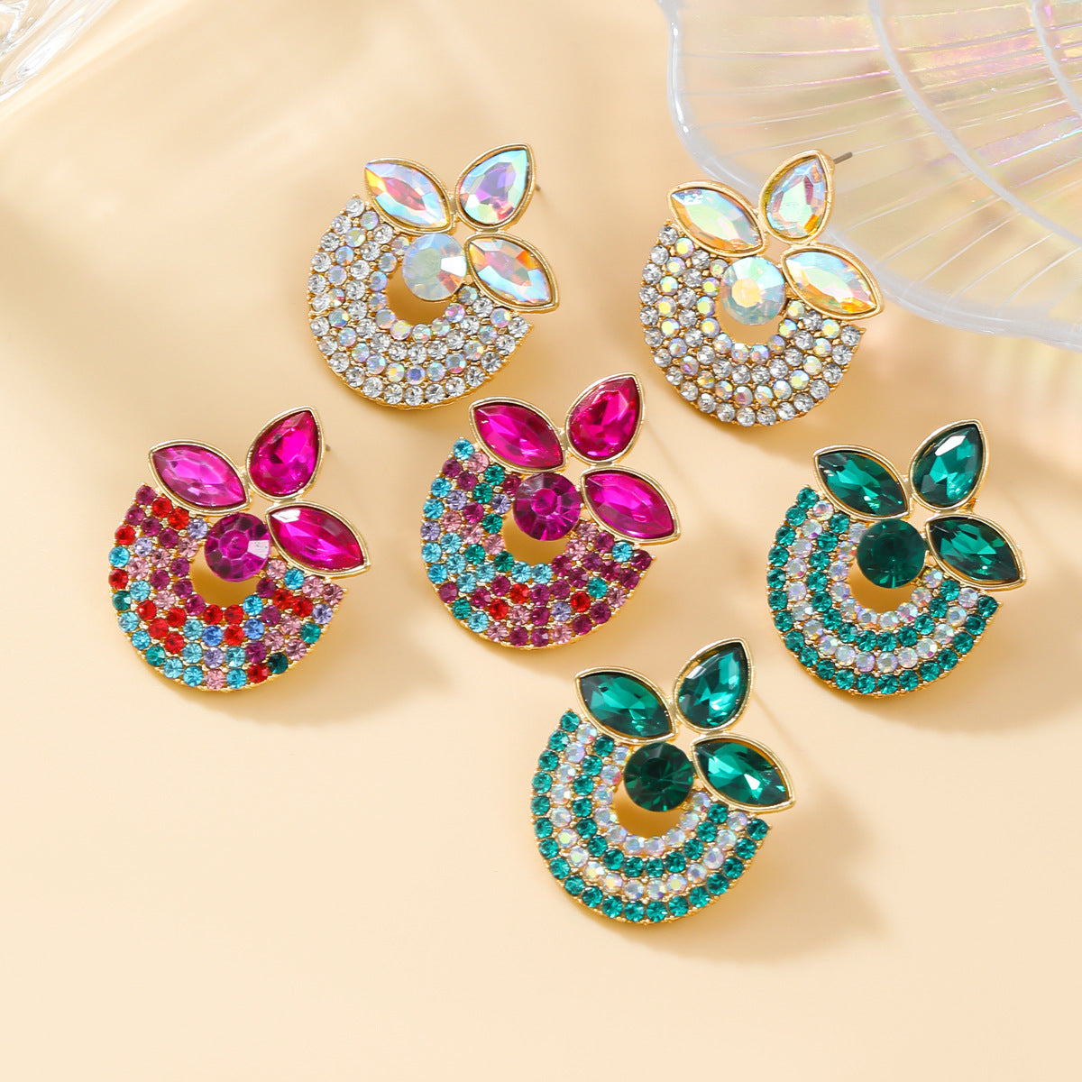 Stylish Colored Diamond Exaggerated Female Semicircle Earrings