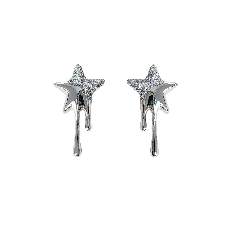 Inlaid Zircon Sier Needle Pentagram Sweet Earrings