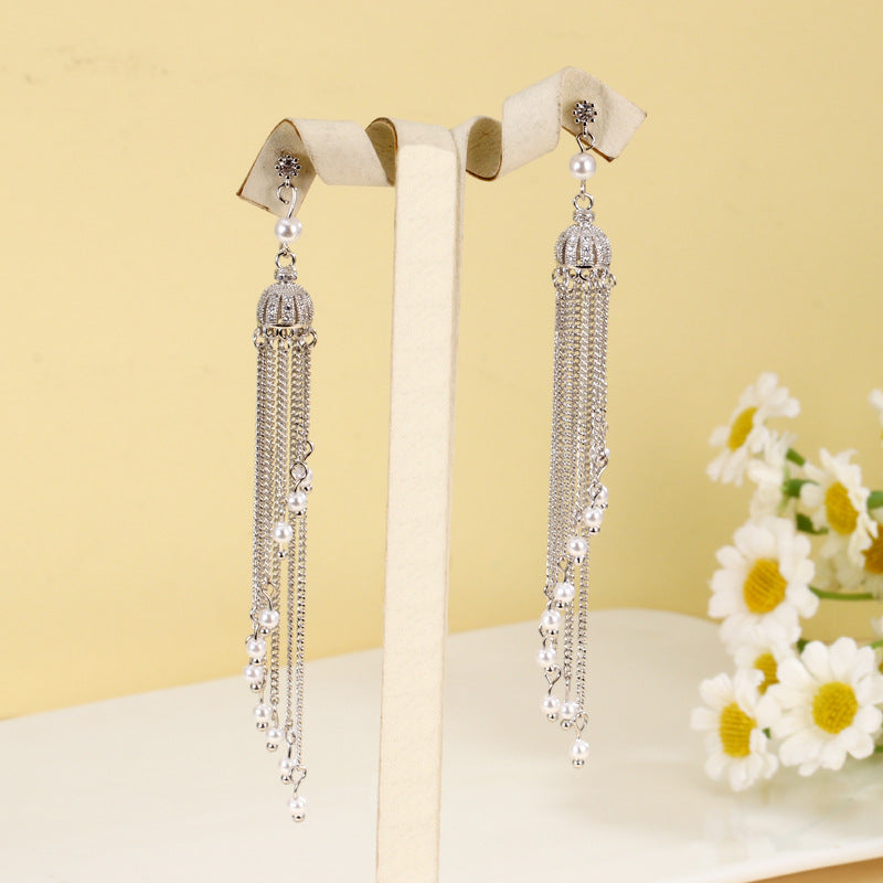Women's Needle Pearl Crown Design High-grade Long Earrings