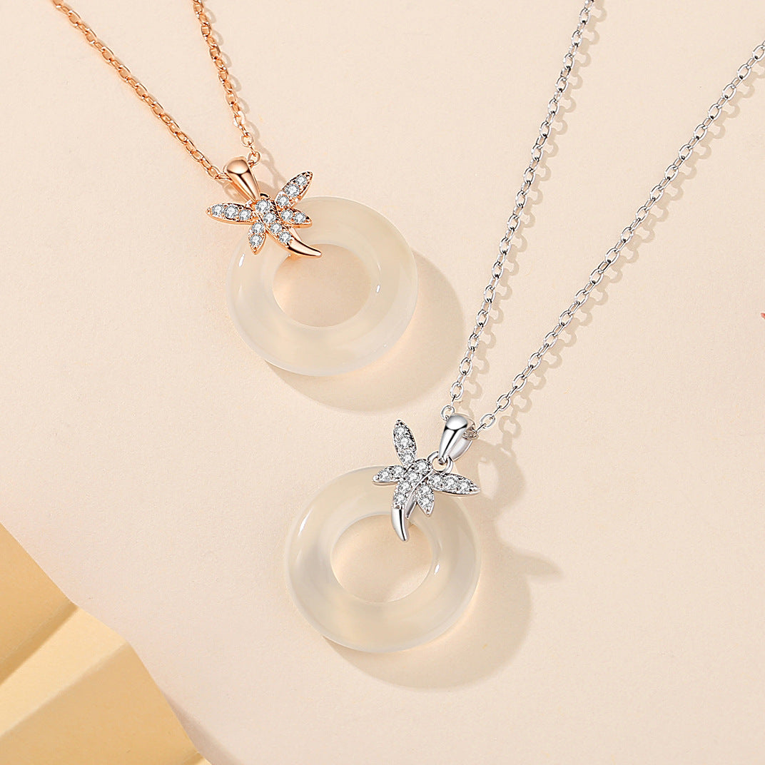 Women's Sier White Jade Peace Buckle National Fashion Chinese Butterfly Necklaces