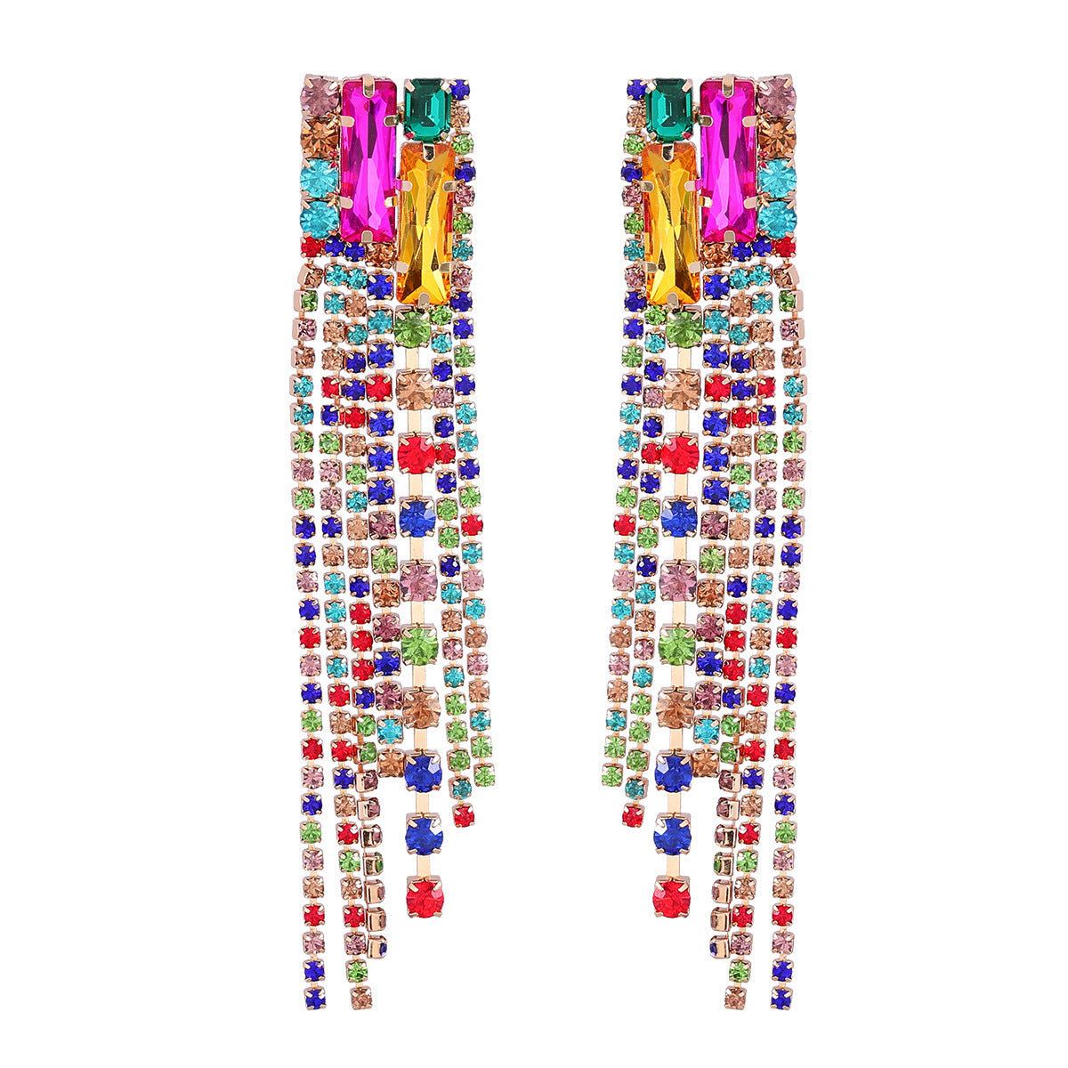 Women's Square Alloy Diamond Rhinestone Long Fringe Earrings
