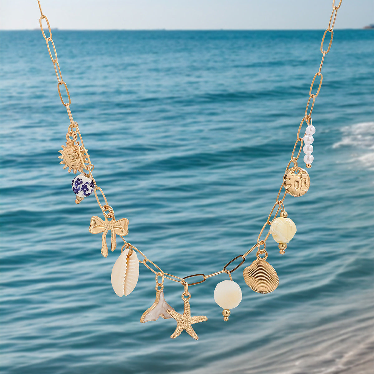 Women's Ocean Sun Blue White Porcelain Bow Shell Necklace