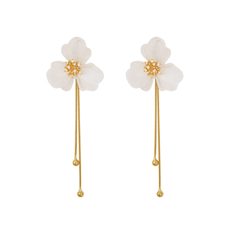 Ancient Chinese Style White Magnolia Long Fringe High-grade Stud Earrings