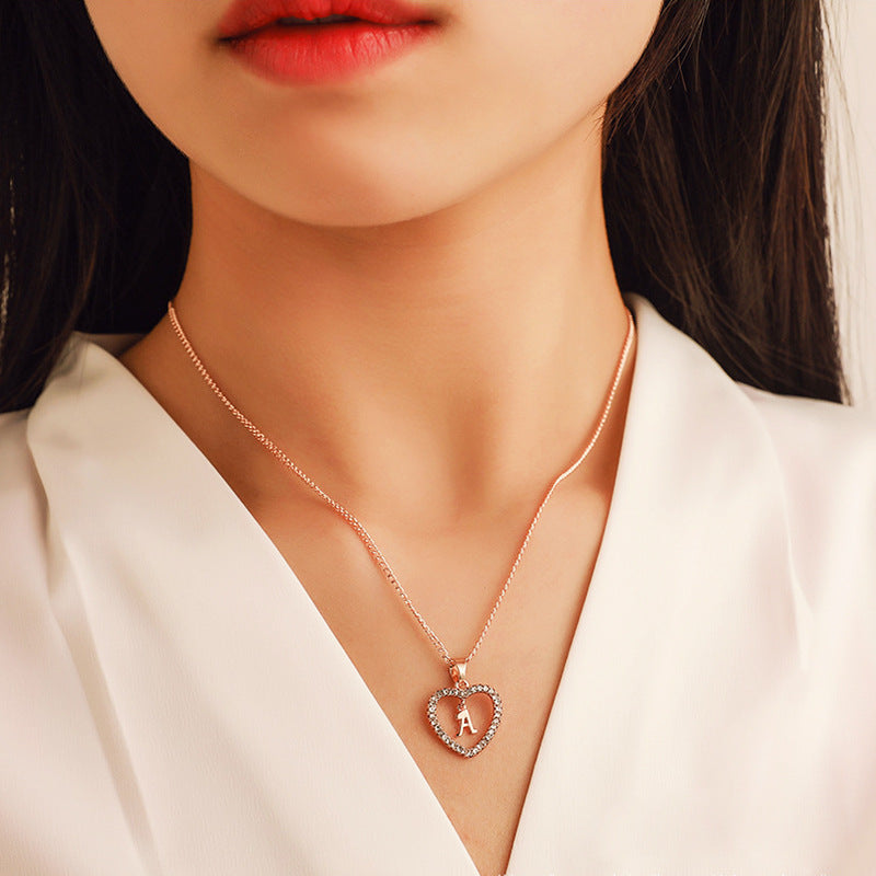 Women's Letter Love Vintage Refined Rhinestone Peach Heart English Pendant Necklaces