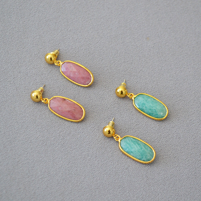 Oval Carved Real Stone Natural Simple Temperament Earrings