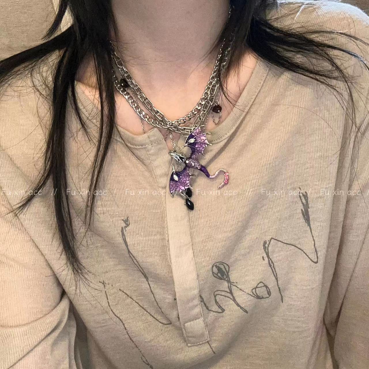 Purple Charming Flying Dragon Zircon Tassel Female Niche Advanced Necklaces