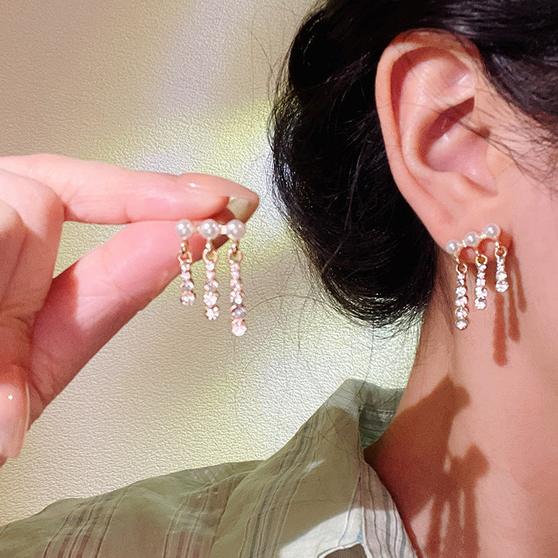 Women's Needle Pearl Tassel Rhinestone Design Advanced Earrings