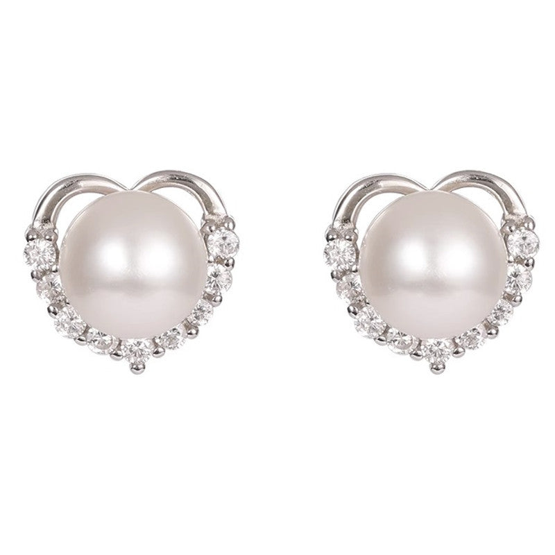 Women's Sterling Sier Natural Freshwater Pearl Heart-shaped Ear Earrings