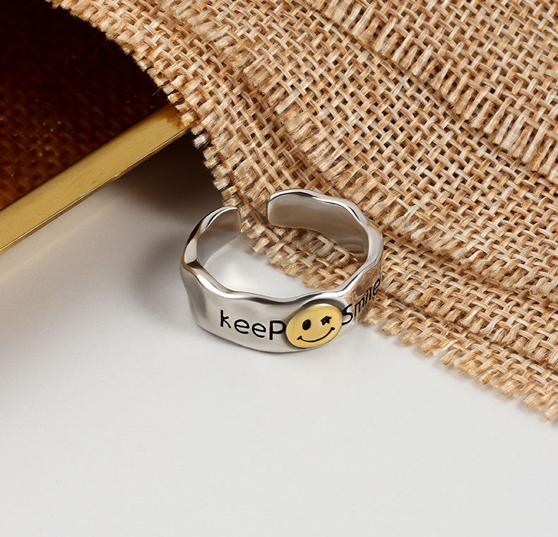 Retro Distressed Smiley Face Smile Letter Personality Rings