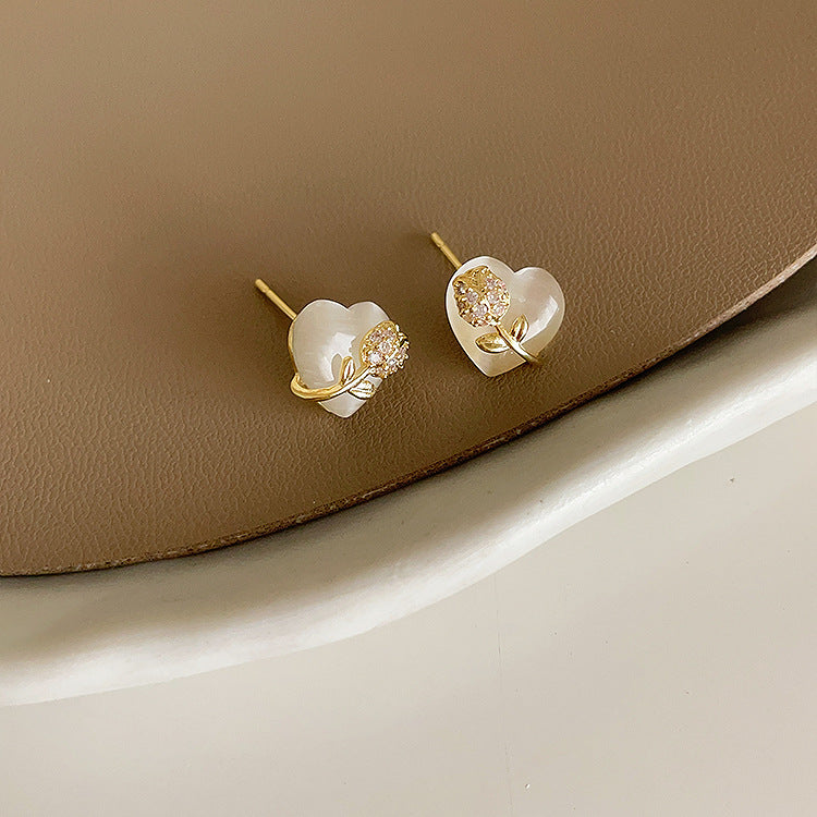 Zircon Flower Opal Love Heart Female Niche Design Simple Earrings