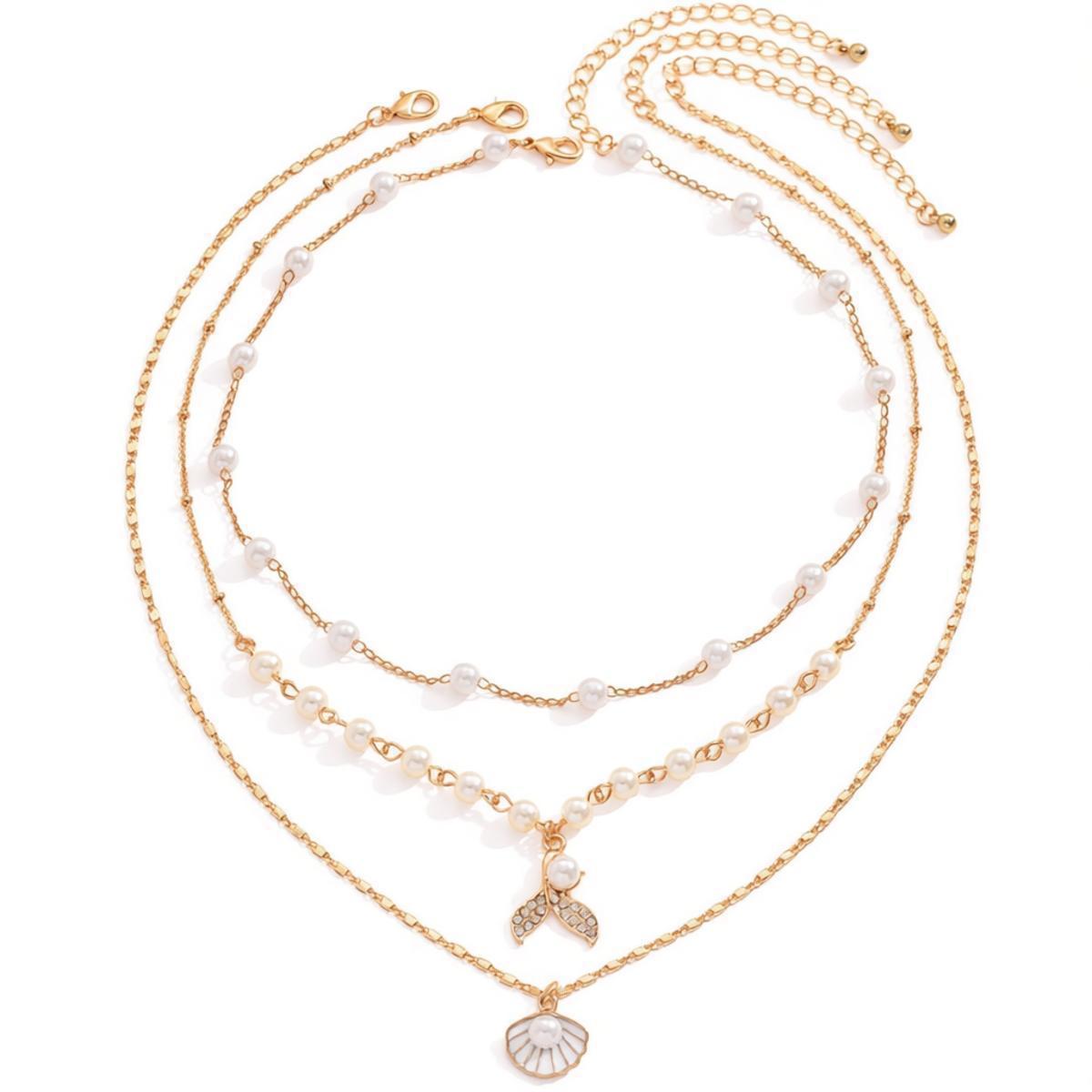 Women's Fishtail Shell Clavicle Chain Casual Fashion Pearl Three-piece Necklaces