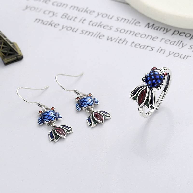 Yin Retro Fashion Epoxy Blue Small Goldfish Creative Rings