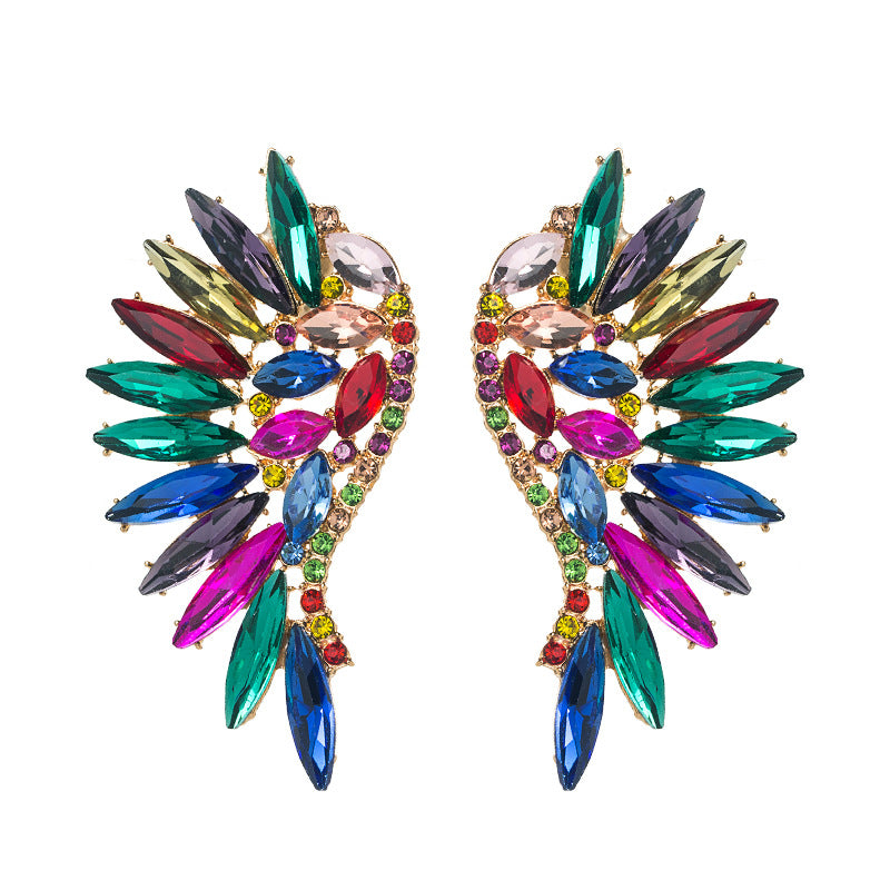 Exaggerated Fan-shaped Bohemian Wings Colorful Rhinestone Earrings