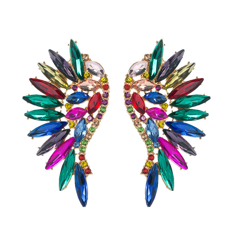 Exaggerated Fan-shaped Bohemian Wings Colorful Rhinestone Earrings