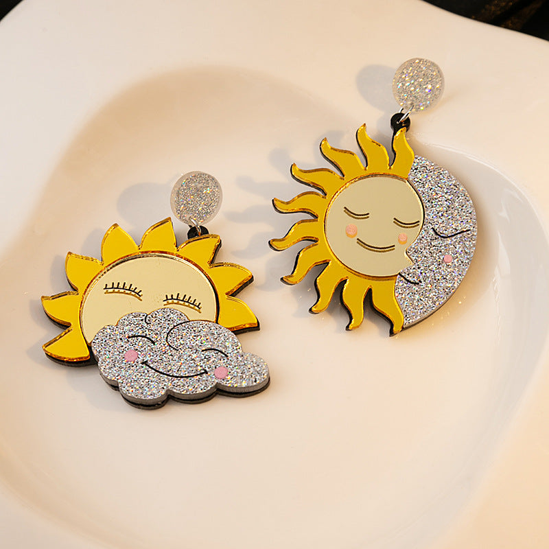 Women's Smiley Face Sunflower Acrylic Design Asymmetric Moon Earrings