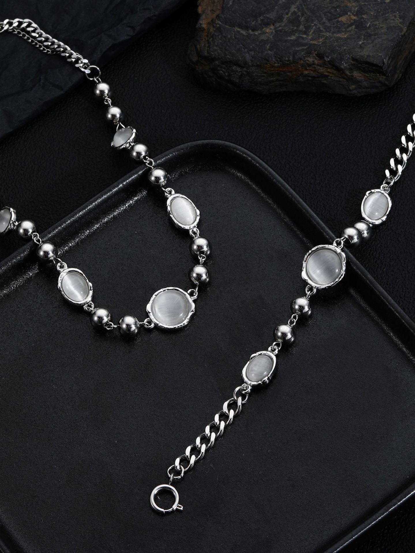 Women's & Men's Temperament Titanium Steel Opal White Moonlight Element Necklaces