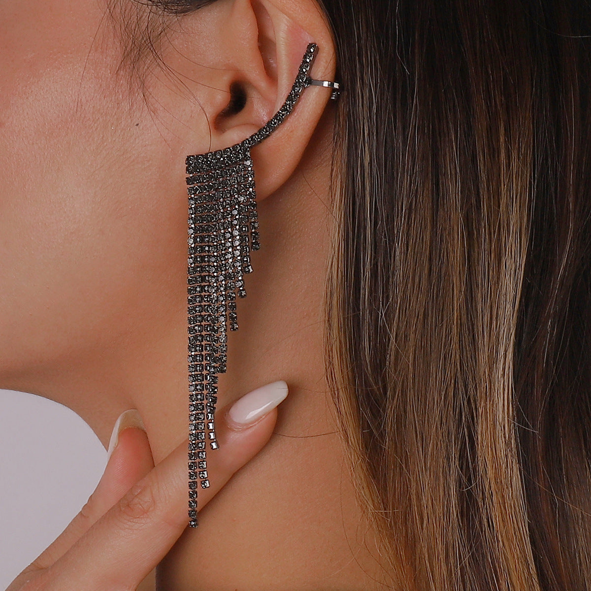 Tassel Rhinestone Auricular Needle Geometric Banquet Earrings