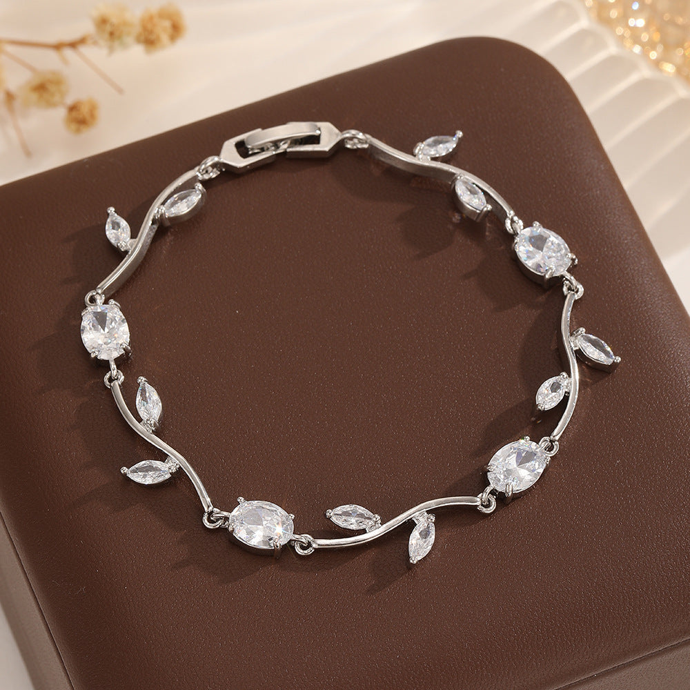 Light Luxury Vine Leaf Zircon Female Niche Design Rhinestone White Bracelets