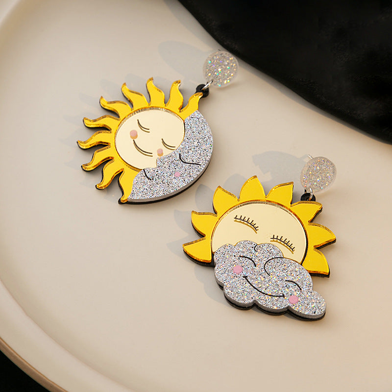 Women's Smiley Face Sunflower Acrylic Design Asymmetric Moon Earrings