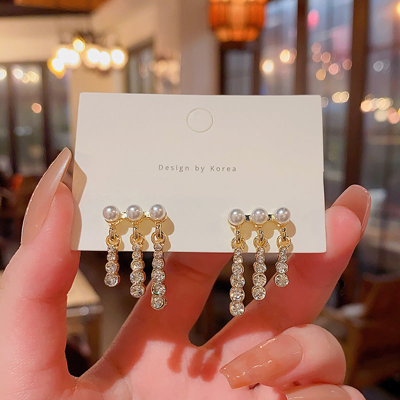 Women's Needle Pearl Tassel Rhinestone Design Advanced Earrings